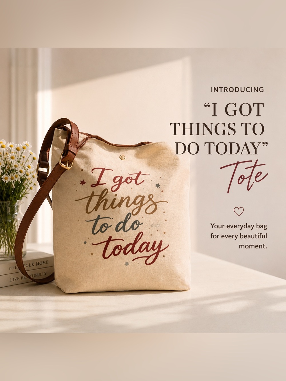 Brown Neutral ItalianCanvas Tote with Brown Leather Straps - "I Got Things to Do - Picture 3 of 15
